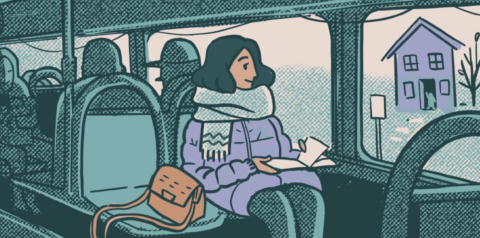artist image of a young woman sitting on public transportation with an open book in her lap